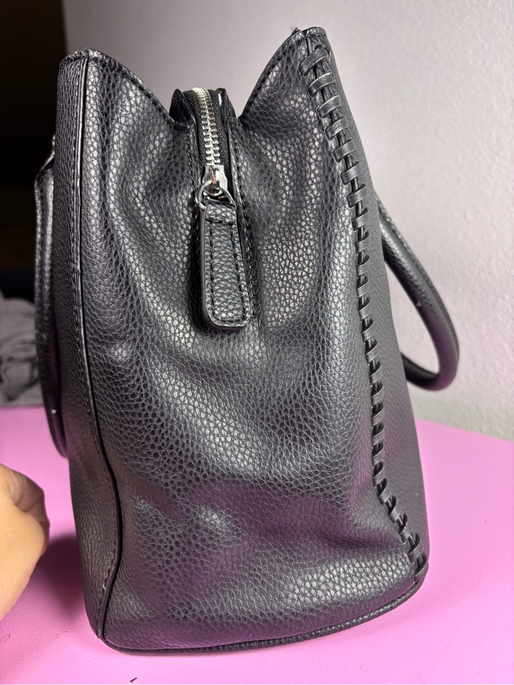 GUESS Black Pebbled Leather Tote with Silver Hardware - Picture 12 of 14
